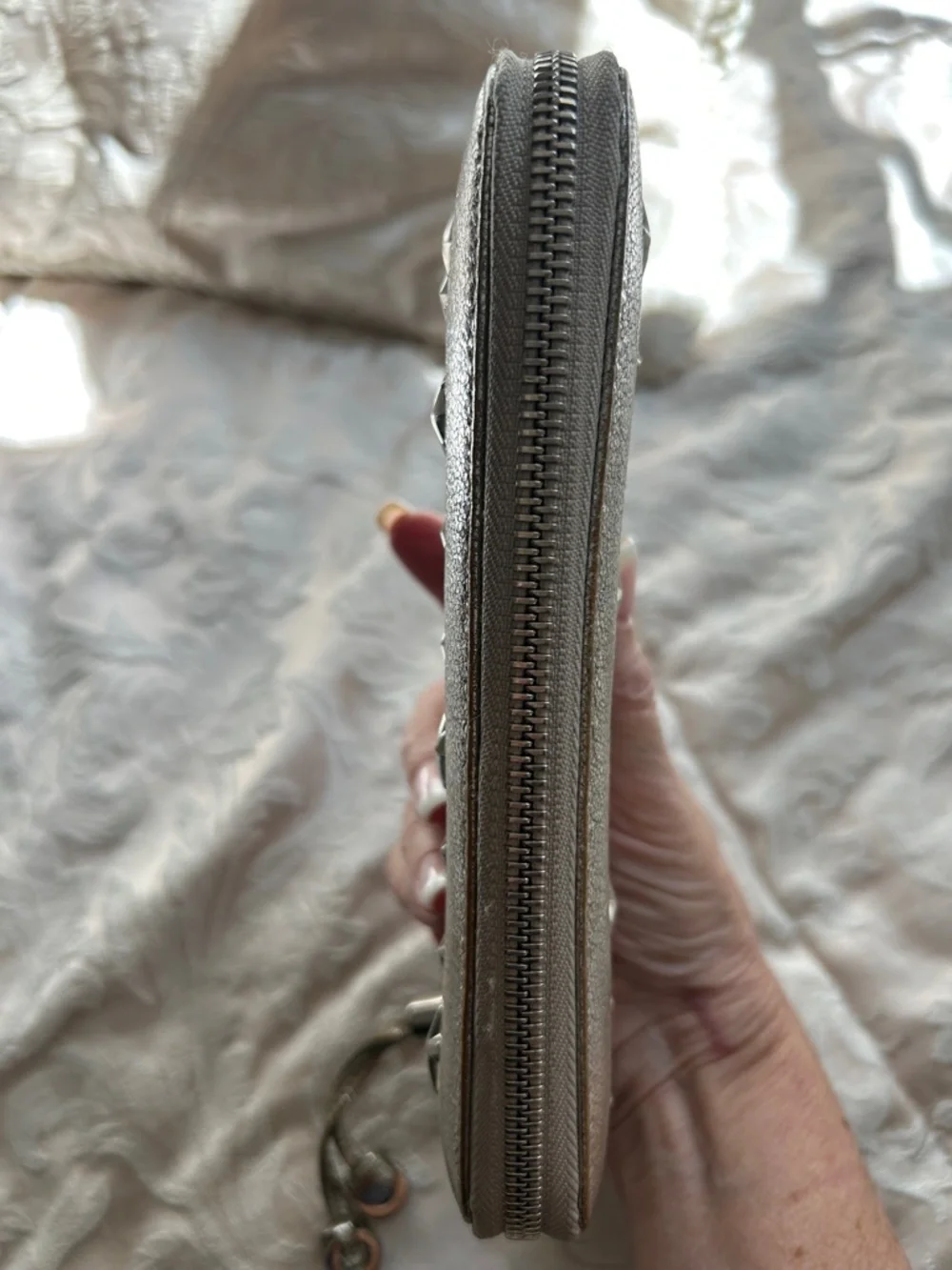 7021. Jimmy Choo Filipa Metallic Silver Star-Embellished Zip Around Wallet